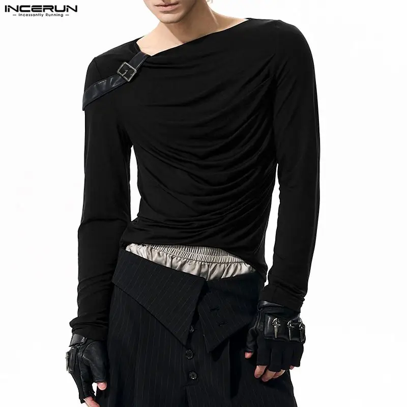

INCERUN Мужская футболка в стиле пэчворк с круглым вырезом и длинным рукавом, плиссированные повседневные мужские футболки, уличная модная мужская одежда для отдыха, S-5XL