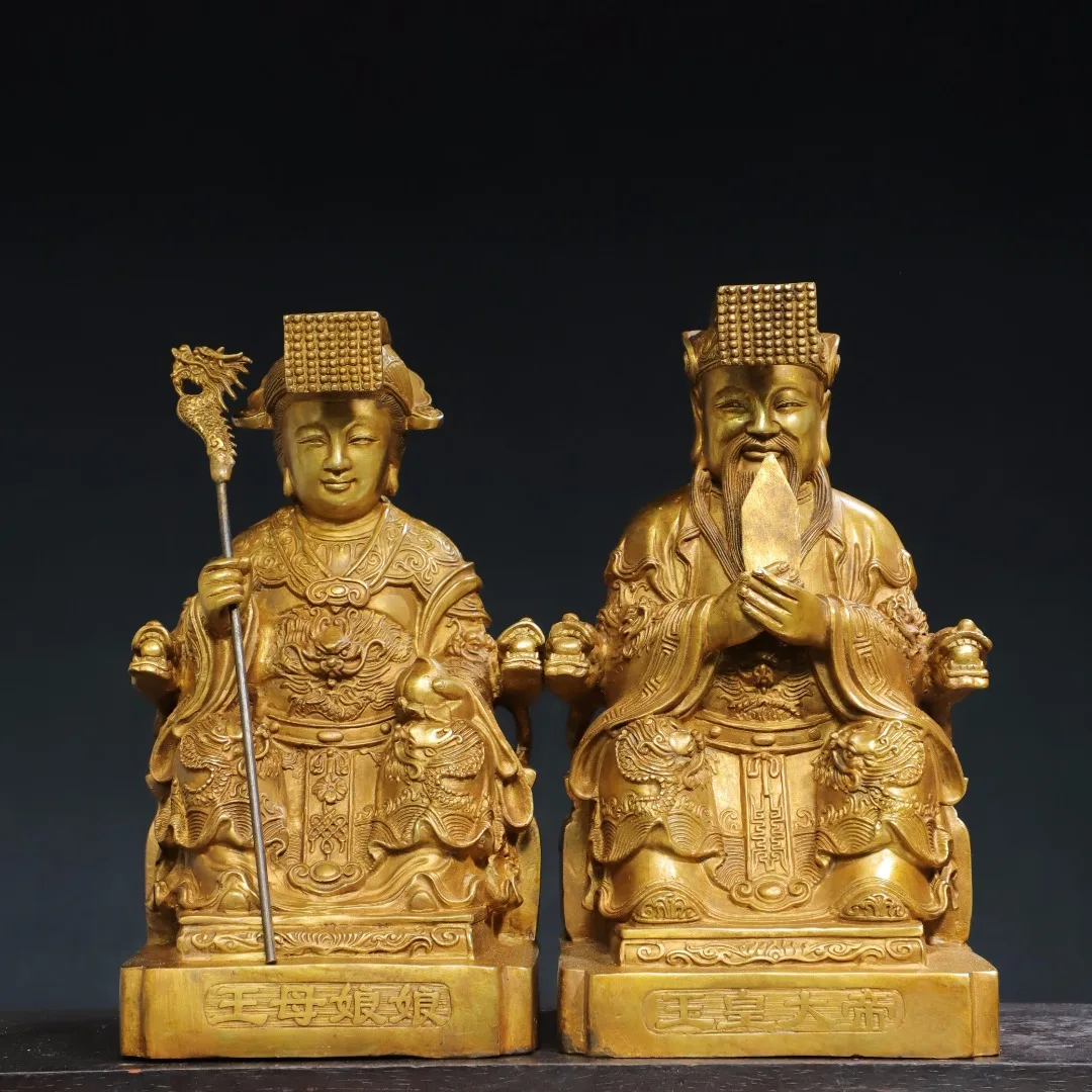 Colección de templo tibetano de 11 ", bronce antiguo dorado, cinabrio, Jade, emperador, reina, madre del oeste, estatua sentada, salón de adoración