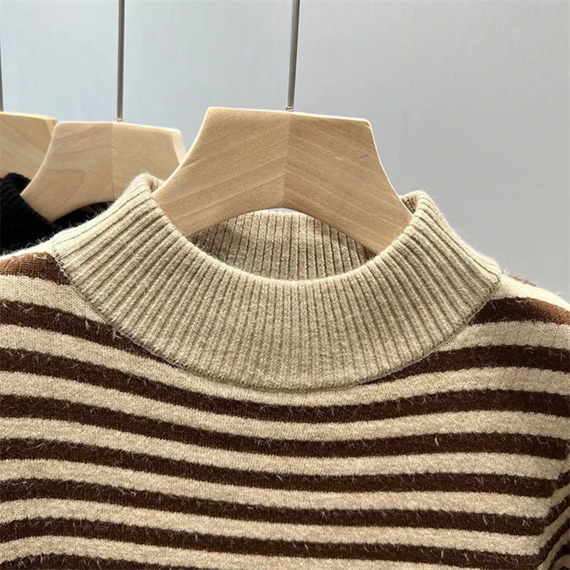 Fleece Lined Stripe Sweater Women Vintage Mock Neck Knitted Bottoming Pullover Autumn Winter Korean Long Sleeve Knitwear Jumper