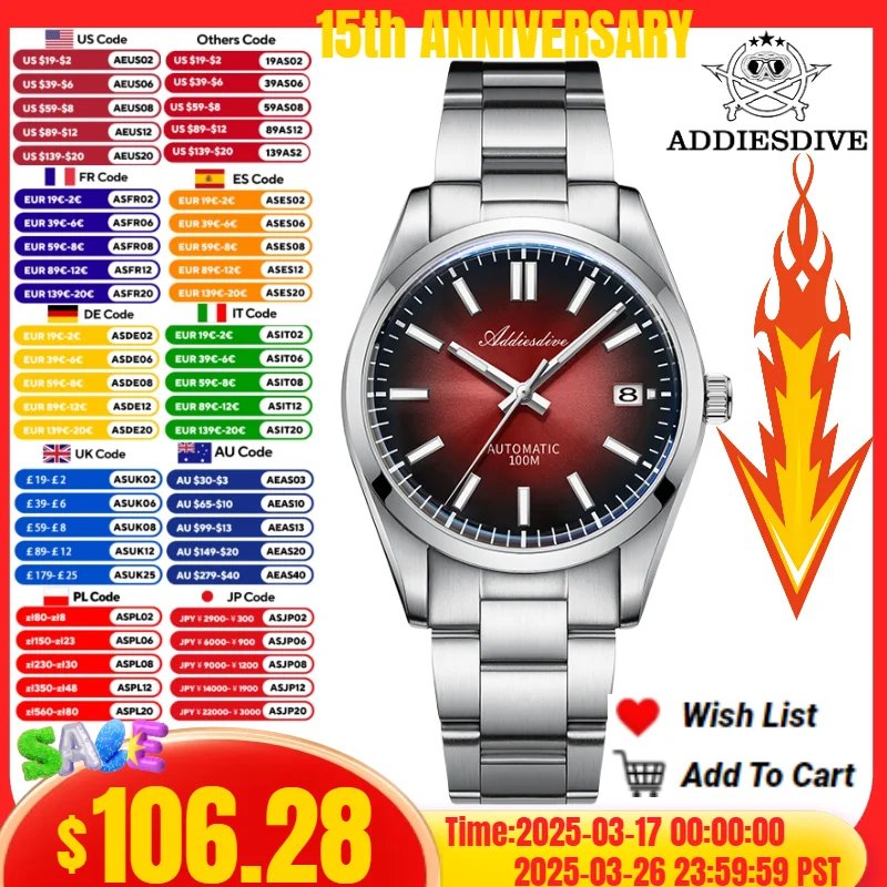 ADDIESDIVE TOP Watch For Men Sunburst Dial Sapphire Glass 10Bar Diving BGW9 Luminous NH35A Automatic Mechanical Watches