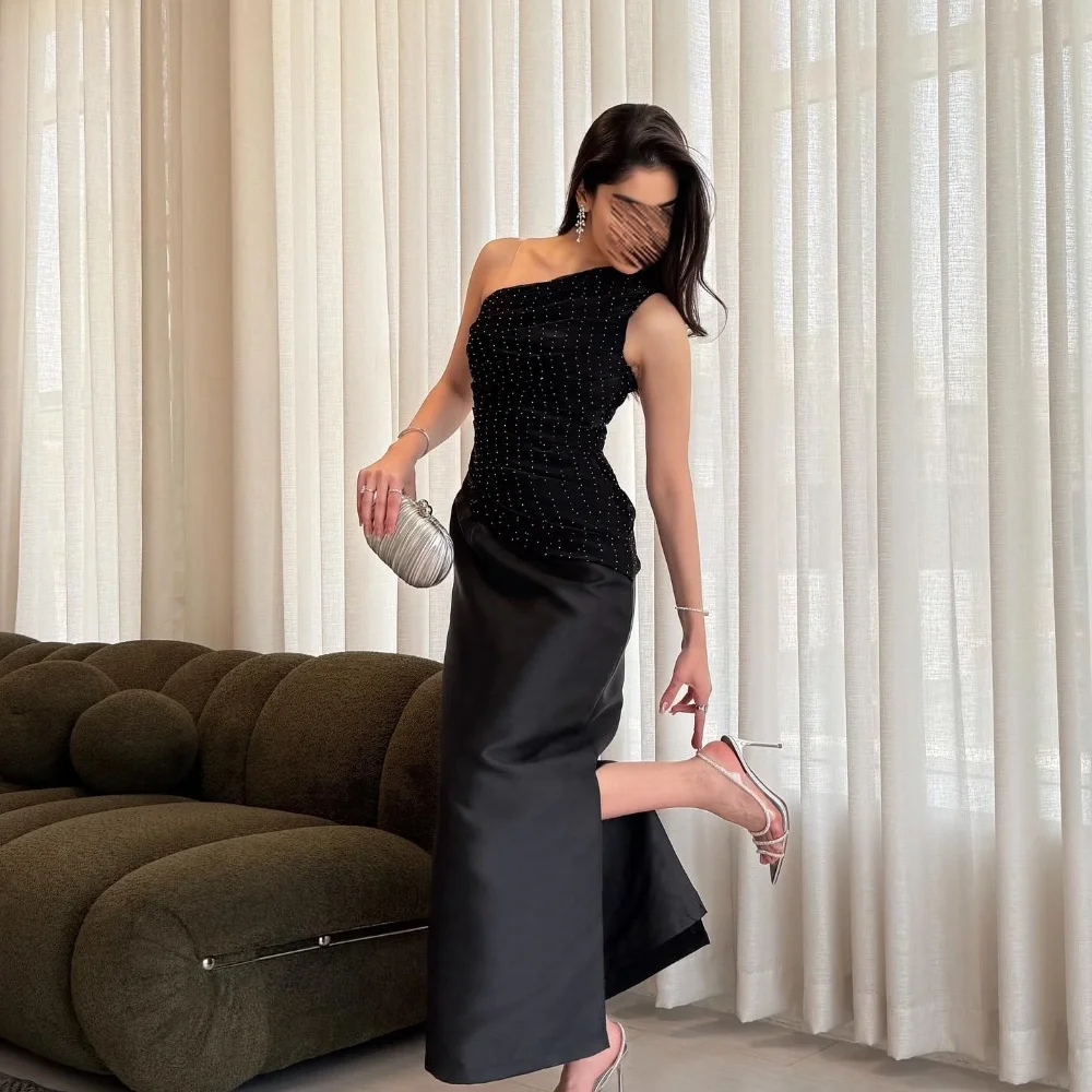 

Customized Exquisite High Quality Charmeuse Beading Pleat Straight One-shoulder Ankle Length Dresses Bespoke Occasion Dresses