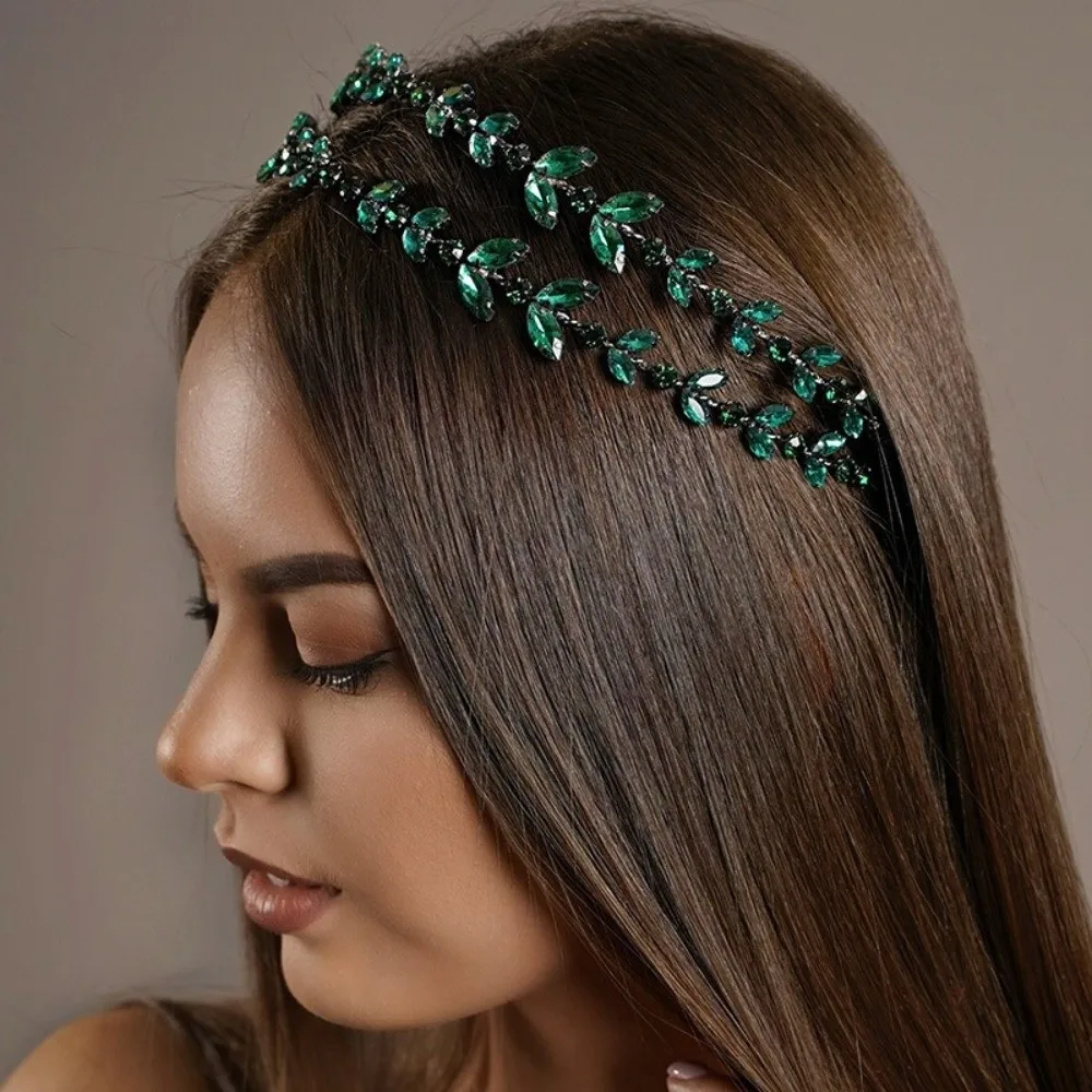 Double Layer Rhinestone Leaf Hairband Luxury Green Leaf Bridal Tiaras Shiny Elegant Women Hair Hoop Stage Performances