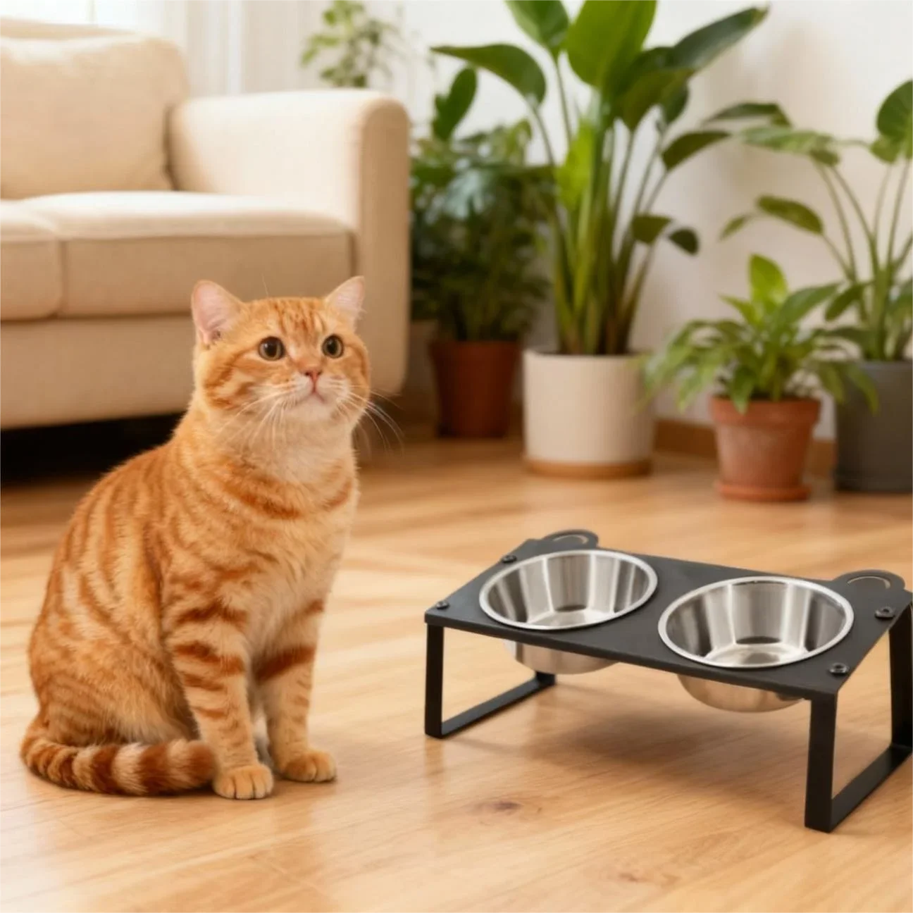 

Metal stand 15° tilt Heightened cat food and water bowl Stainless steel bowl Suitable for indoor use Anti-vomiting neck guard