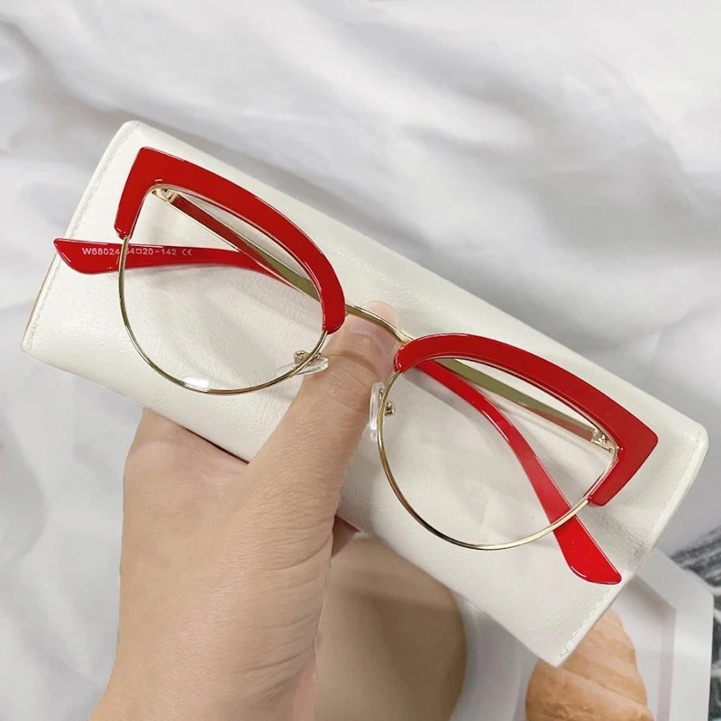 

Hot Sale of New Style Cat Eye Blue Light Blocking Glasses Women's Half Frame Fashion Metal Frame Flat Lens Eyewear