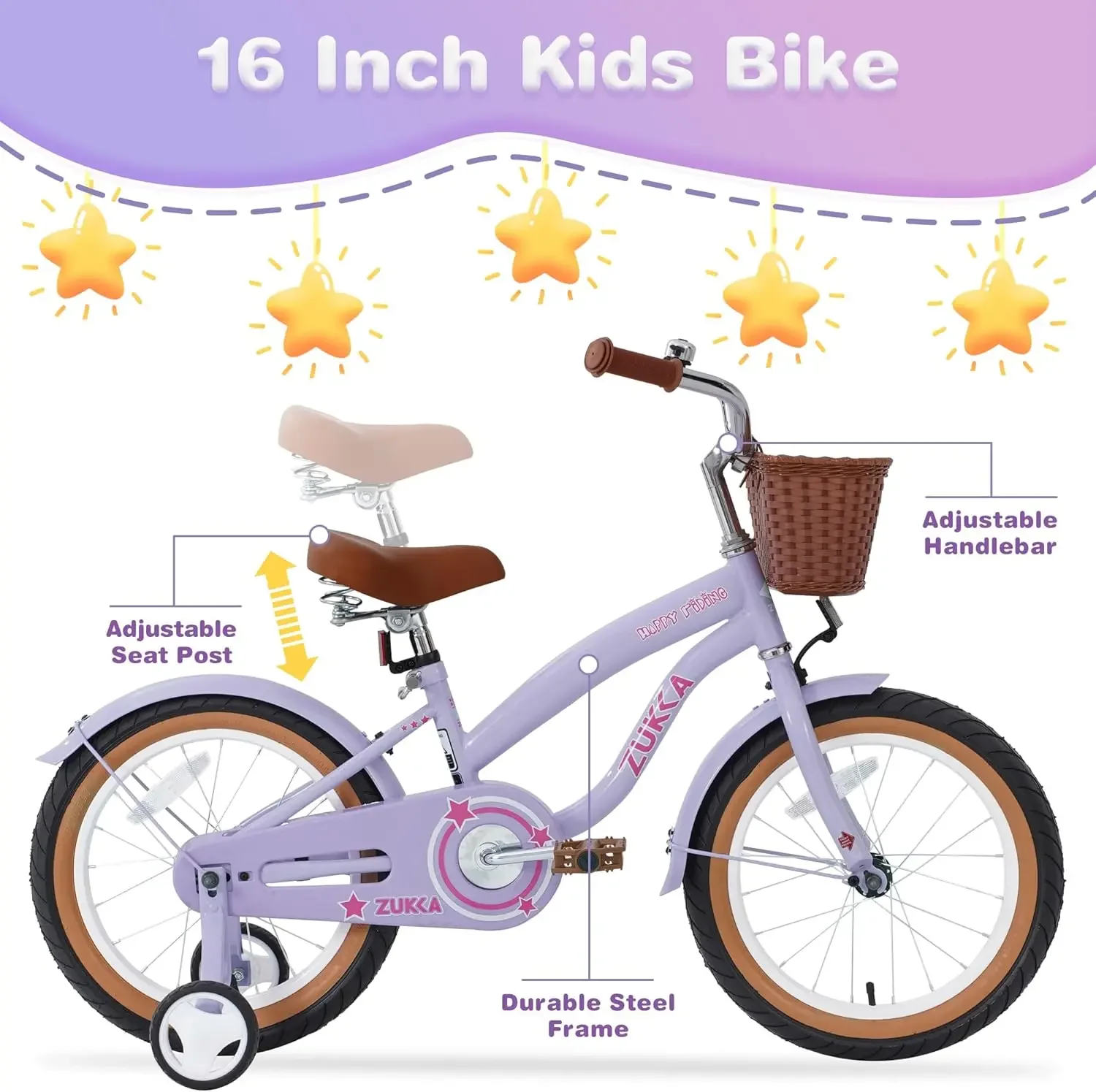 Bike with Basket, 16 Inch Toddlers Bike with Training Wheels, Lnflatable Rubber Wheels, Steel Frame, Adjustable Seat and Co