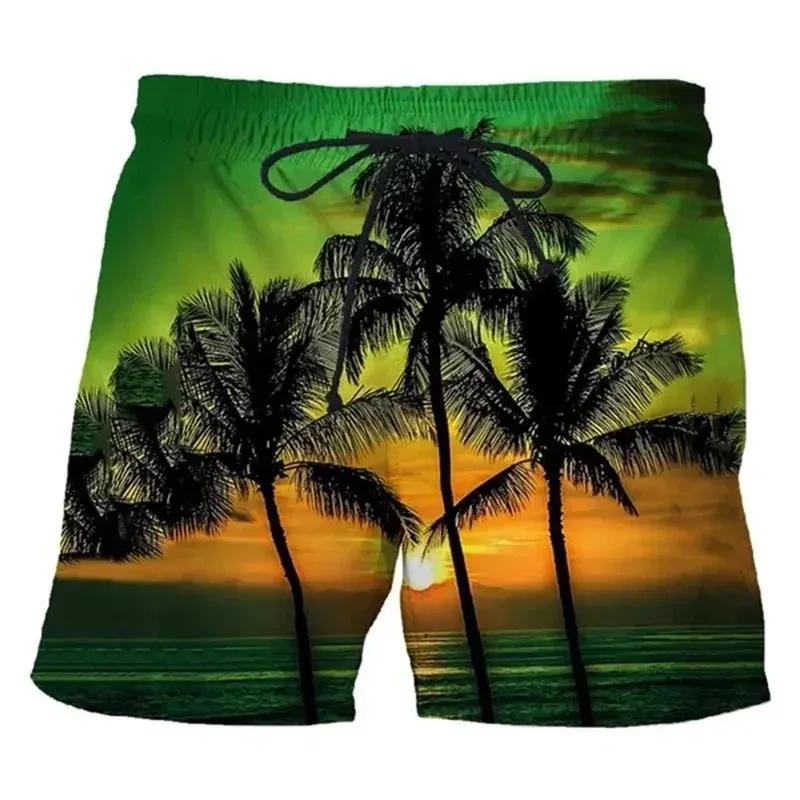 Sunset Beach Shorts 3D Printed Coconut Tree Pattern Swim Trunks For Summer Men Women Casual Oversized Loose Short Pants