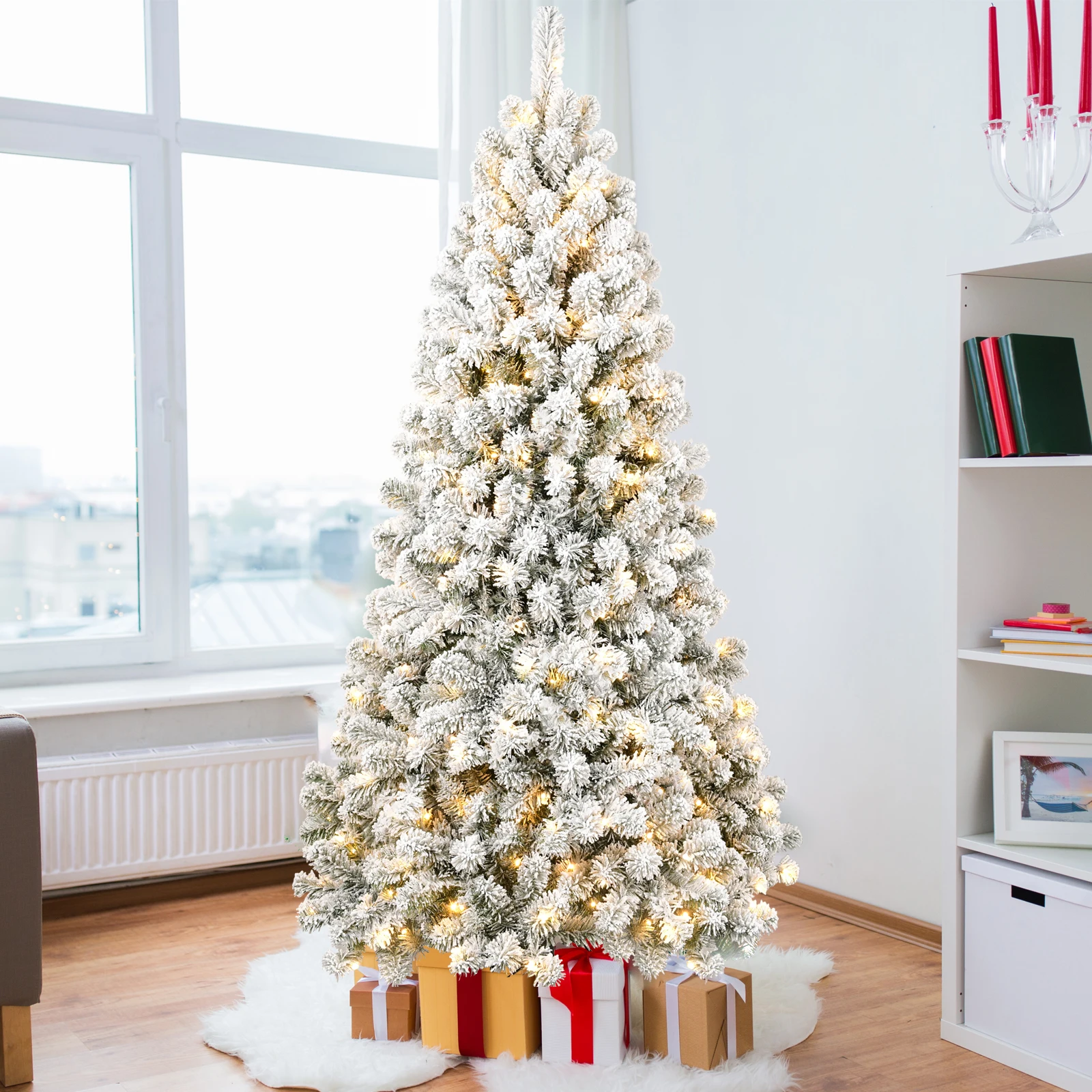 7FT Pre-lit Flocked Christmas Tree with 1,064 Memory Wire Tips - Perfectly Bringing Lasting Elegance and Wase to Your Holiday