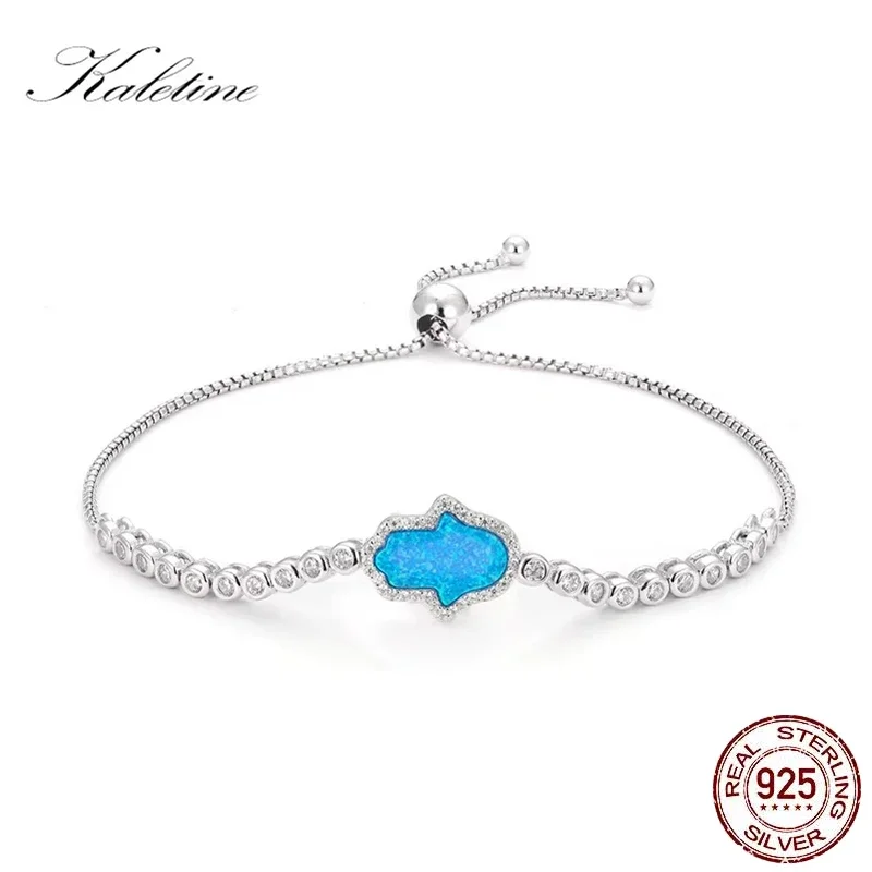 

TONGZHE Blue Opal Gem Hamsa Bracelets For Women Sterling Silver Charm Bangles Bijoux Pulseira Feminina Men Jewelry KLTB019