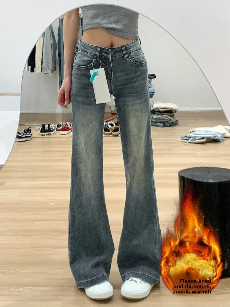 

Женские зимние джинсы больших размеров с флисовой подкладкой, утепленные, микро-клеш, с высокой талией, эластичные, прямые, широкие штанины