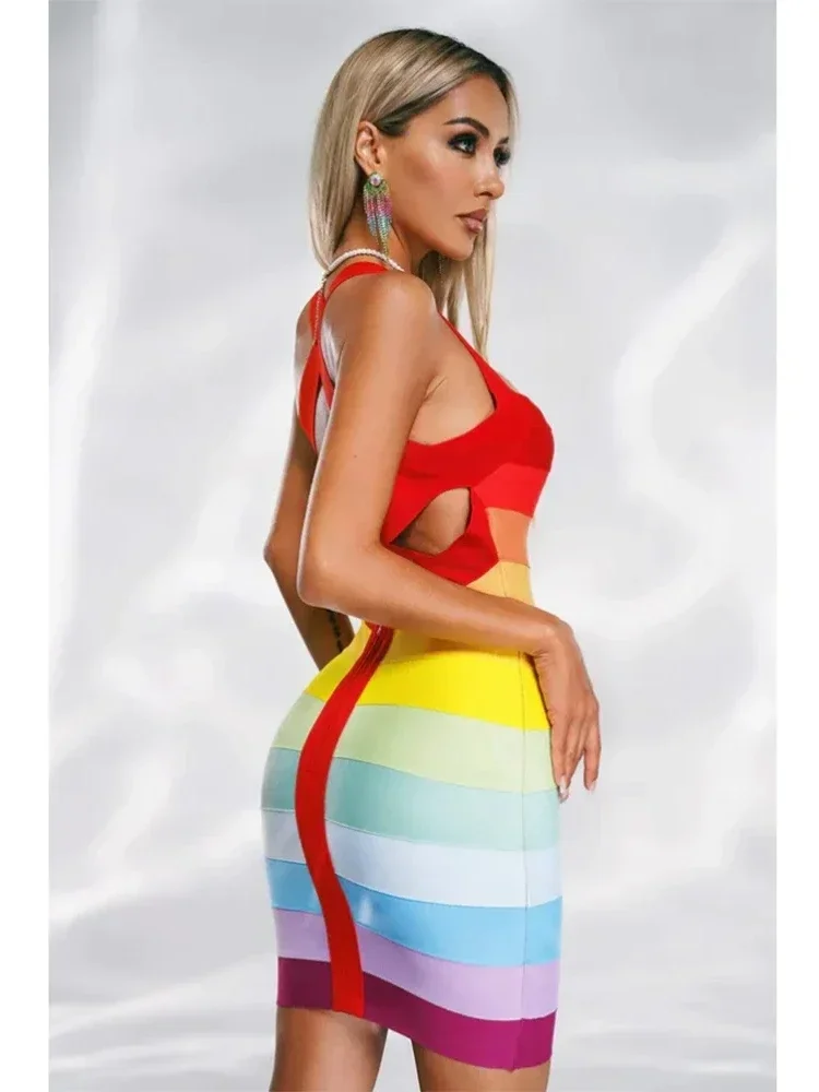 Abito sexy con fasciatura arcobaleno senza schienale con scollo all'americana, cinturino per spaghetti, mini abito aderente colorato, abiti da sera per club di compleanno