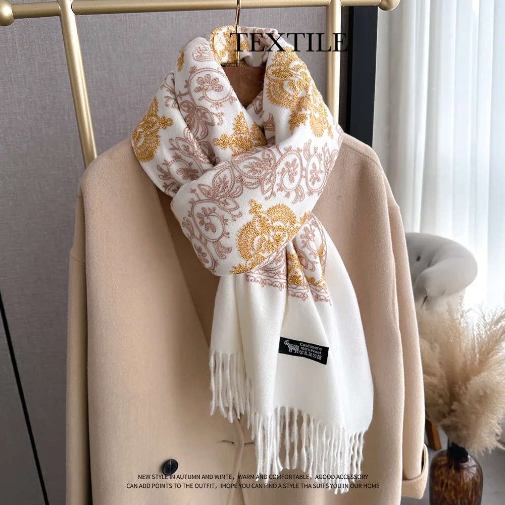 

Luxury Scarves Embroidery Scarf Elegant Women Winter Thick Warm Neck Pashmina Long Fringe Lady Blanket Soft Shawl Echarpe