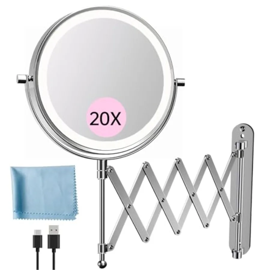 

Rechargeable Wall Mounted Makeup Mirror with 8 Inch Double Sided 1X/20X Magnifying Lens 3 Color Temperature Adjustable LED Ligh