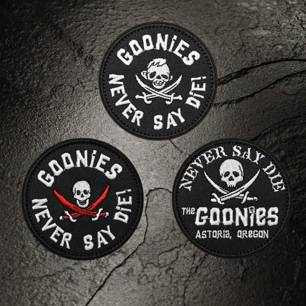 Goonies Never Say Diei Embroidered Patches for Clothing Skull Tactical Morale Badge ARMY Military Hook and Loop Backpack Sticker