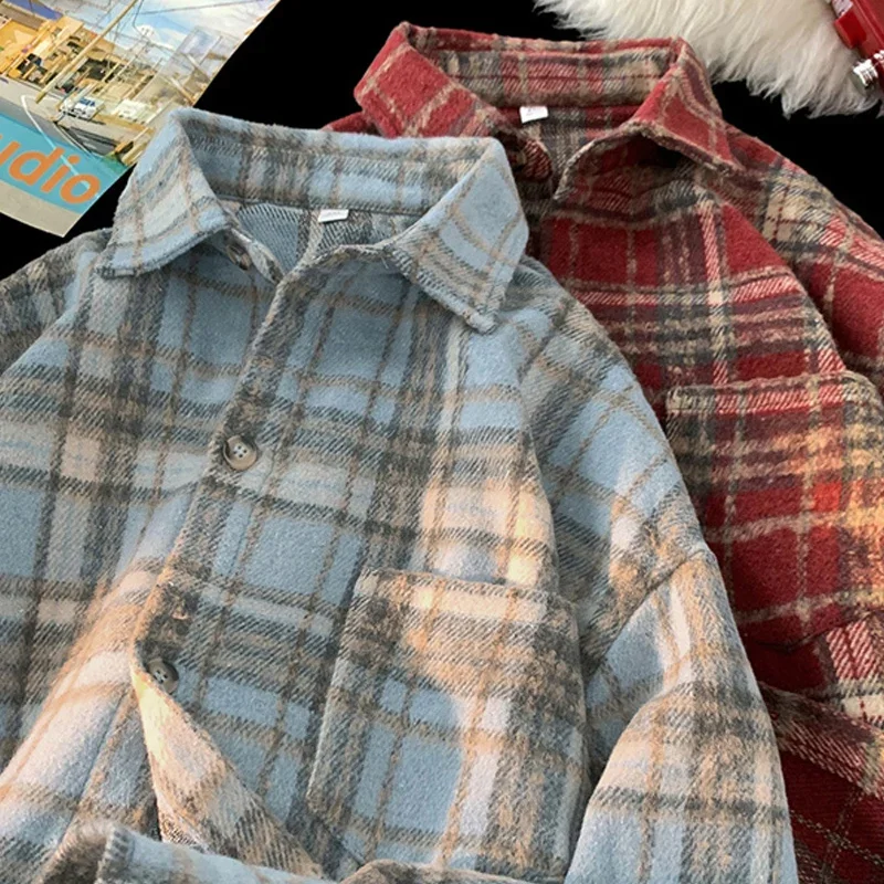 TFETTERS Brand Vintage Plaid Jackets Mens 2024 New Autumn Baggy Turn Down Collar Man Woolen Coat Daily Casual Clothes for Men