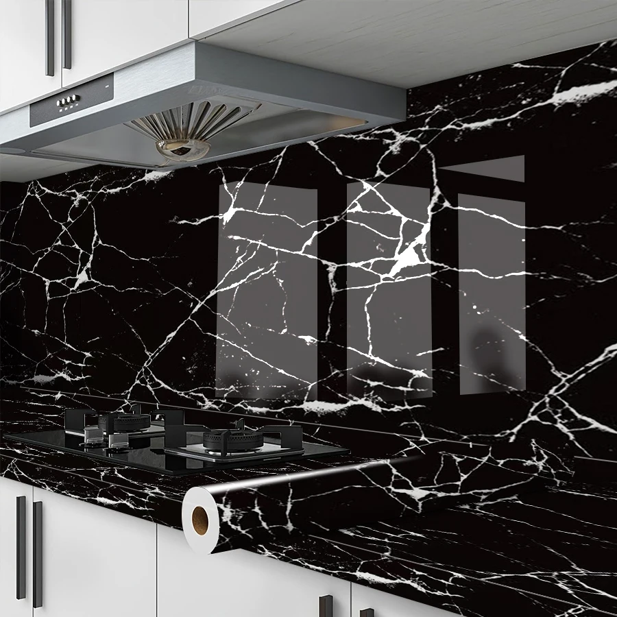1 Roll Thick Marble Grain PVC Wallpaper for Kitchen - Pre-cut, Waterproof, Oil-proof & High Temperature Resistant Self-adhesive