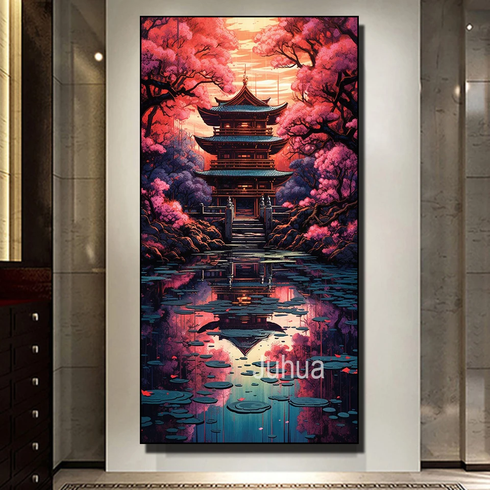 Japanese Sakura Temple Diamond Art 5D Full Drill Diamond Painting  Landscape Cross Stitch Embroidery Kit Mosaic Picture Decor