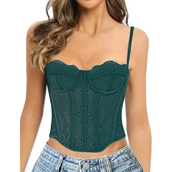 Lace Bustier Corset Tops for Women Sheer Mesh Push Up Bra Female Partywear Crop Top Open Back Boned Tube Top Lingerie Plus Size