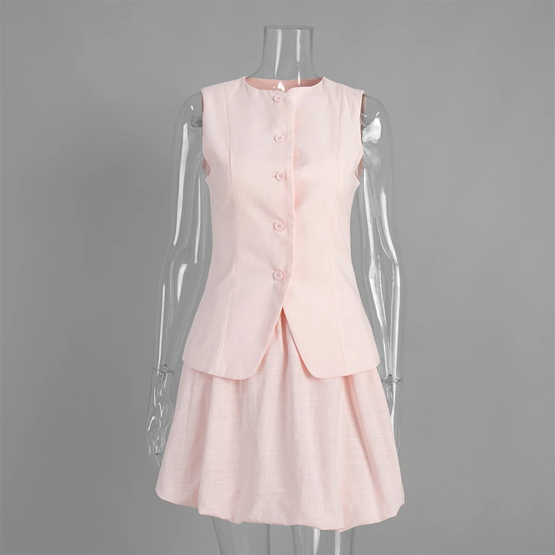 Women's Sleeveless Vest and Mini Skirt Set - Solid Color Suit