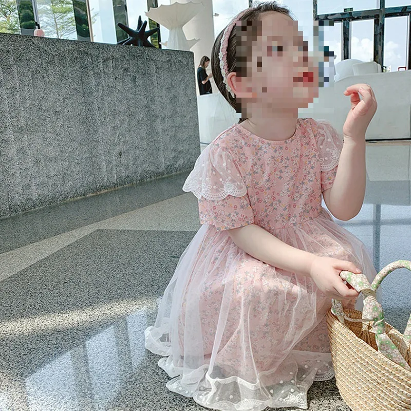 Girls' Mesh Flower Short Sleeve Dress Princess Dress25Summer New Foreign Trade Children's Wear Delivery3-8Years Old