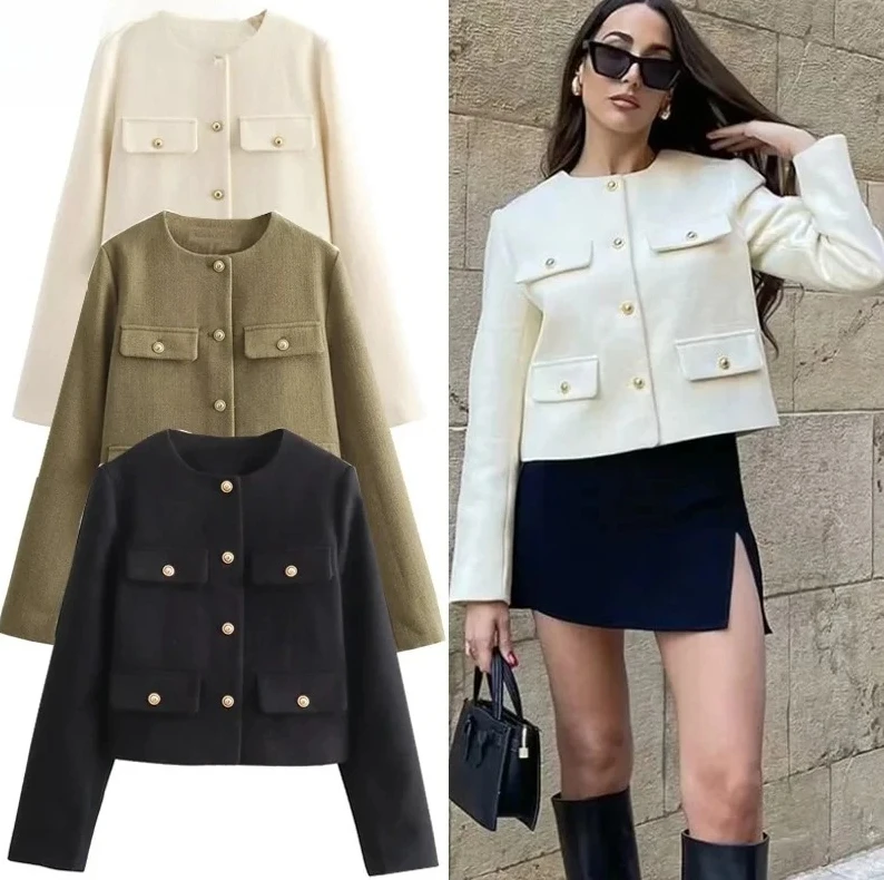 

Demi-Season Cropped Jacket for Women 2025 Autumn Long Sleeve Stand Collar Coat Casual Short Outerwear