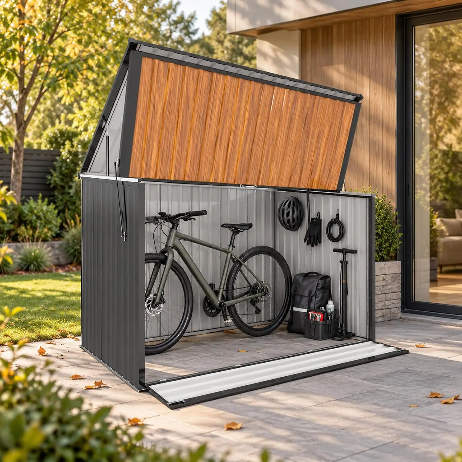Outdoor Storage Cabinet Shed 7x4FT Steel Flip-Up Access Garden Tool Organizer, Customized