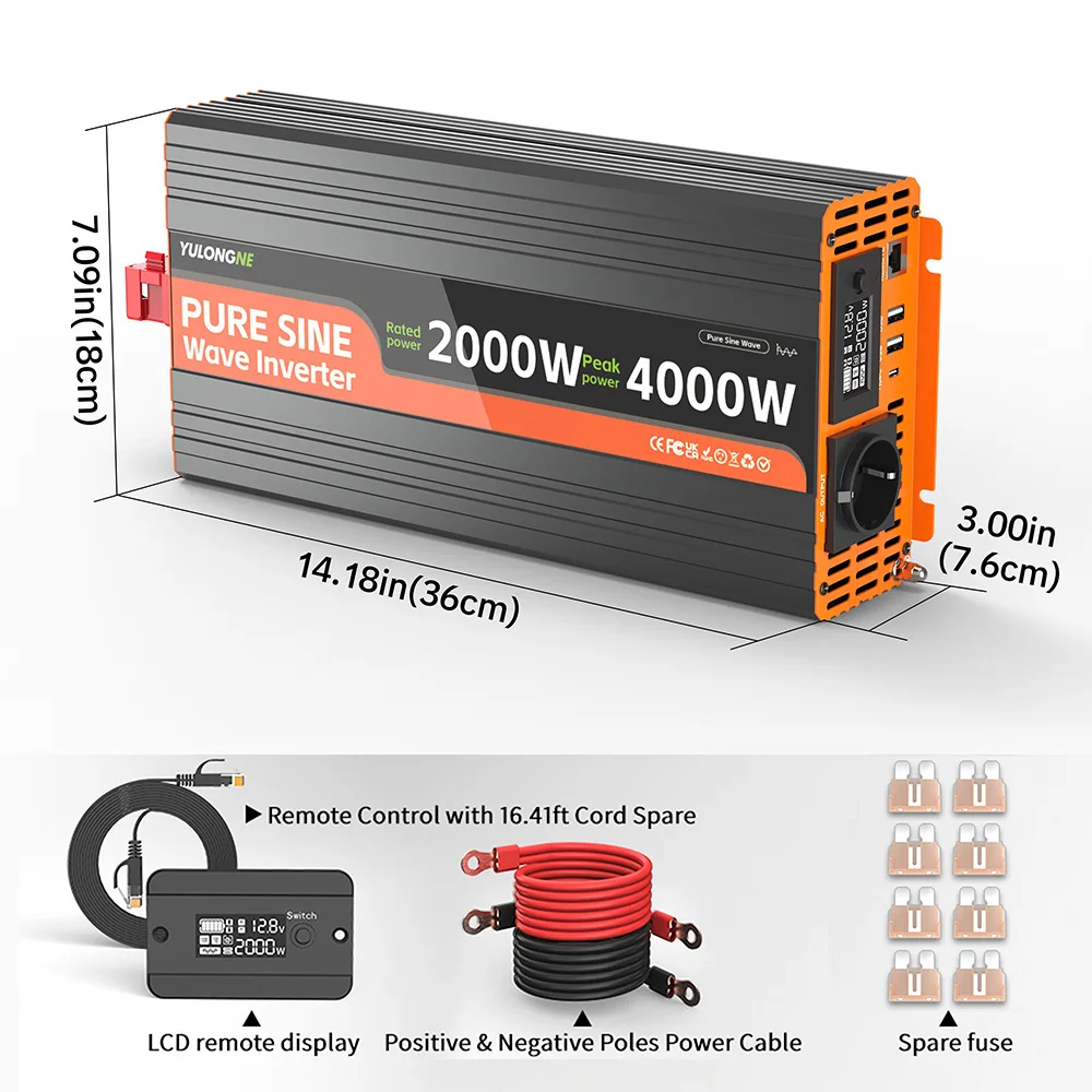 YULONGNE Pure Sine Wave Inverter DC12V Peak 4000W to AC230V EU Socket Converter with Remote LCD Display for RV Camper Solar Emer