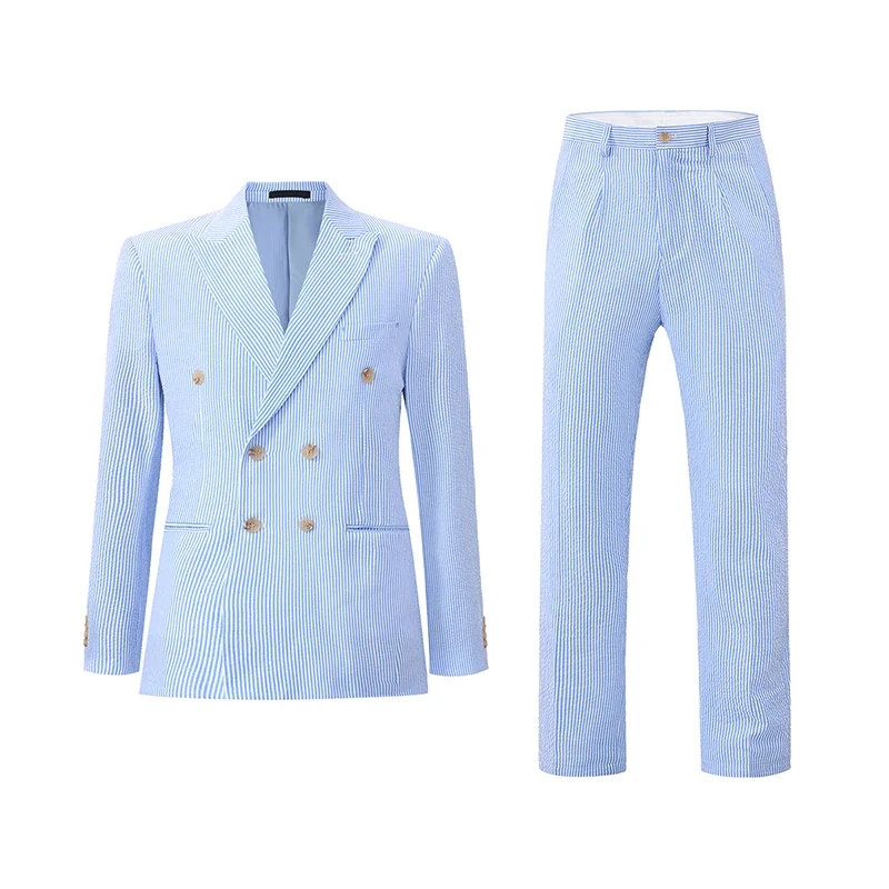 

Two-piece Set Suit Men's Striped Seersucker Suit Set Summer Double-Breasted Casual Blazer Dress Pants Wedding Office Occasions
