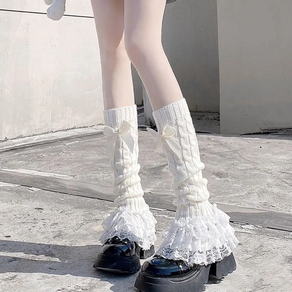 Japanese Women Knitted Leg Warmer Bow Tiered Ruffled Horn Socks Lolita Lace Girl Women\'s Socks T-shaped Leg Calf JK Lace Wa V0V6