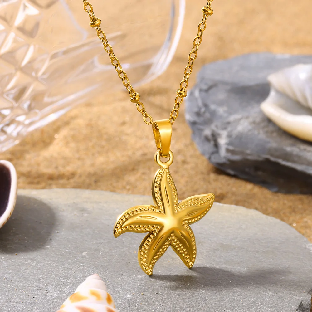 Stainless Steel Starfish Pendant Necklace for Women Girls Fashion Gold Color Waterproof Summer Party Choker Charm Jewelry Gift