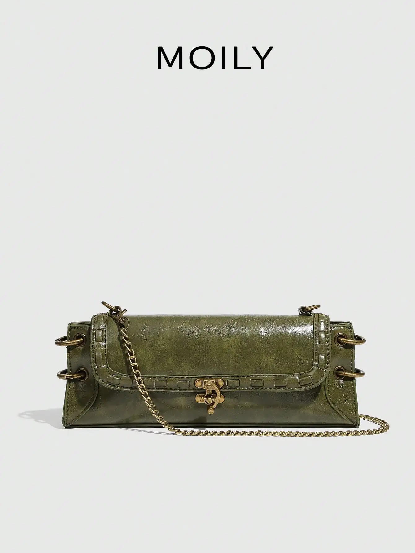 

Olive Green Faux Leather Crossbody Bag with Chain Strap and Flap Closure