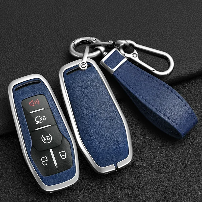 Zinc Alloy + Leather Car Key Case For Ford Mustang Fusion Explorer Edge F-150 Mondeo 2015 2016 2017 2018 For Lincoln MKZ MKC MKX