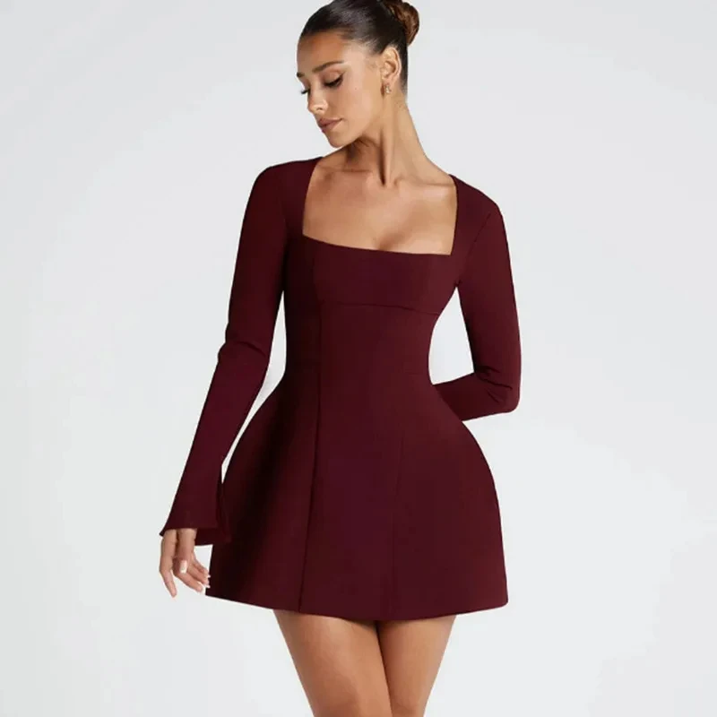 French Autumn Sexy Sweet Pure Color Simple Square Collar Temperament Ladies Waist Cinching Slimming A-line Short Dress Long Slee