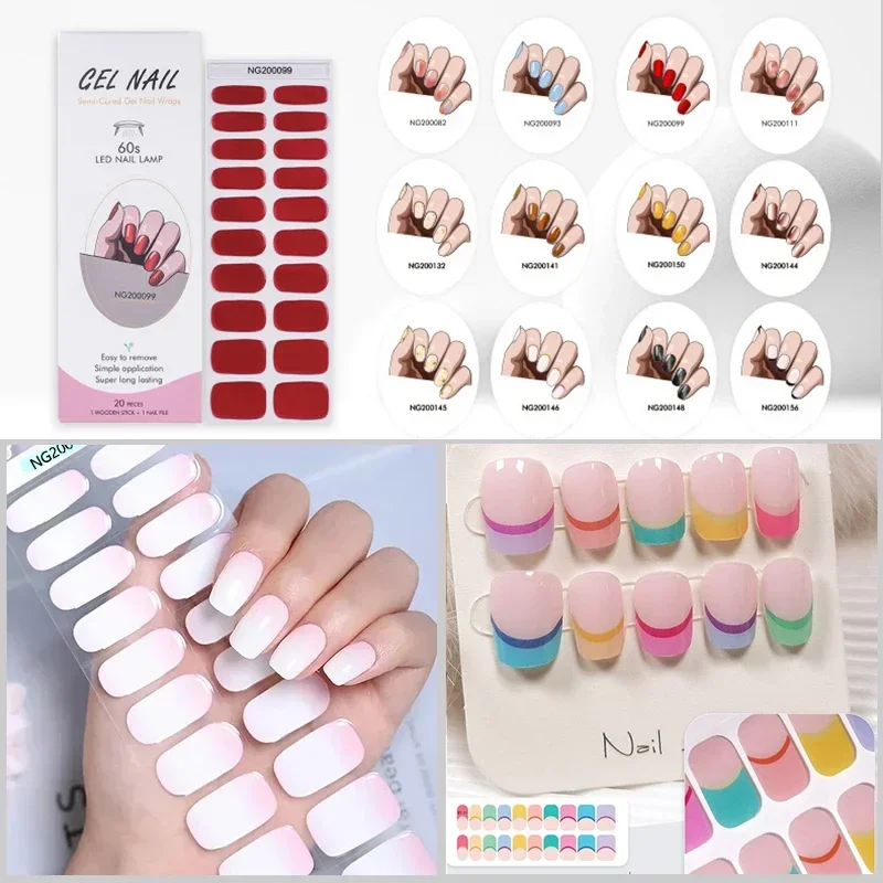 16/20Tips Semi-Cured Gel Nail Wraps Flash Solid Adhesive Waterproof Long Lasting DIY Gel Nail Stickers UV Lamp Need