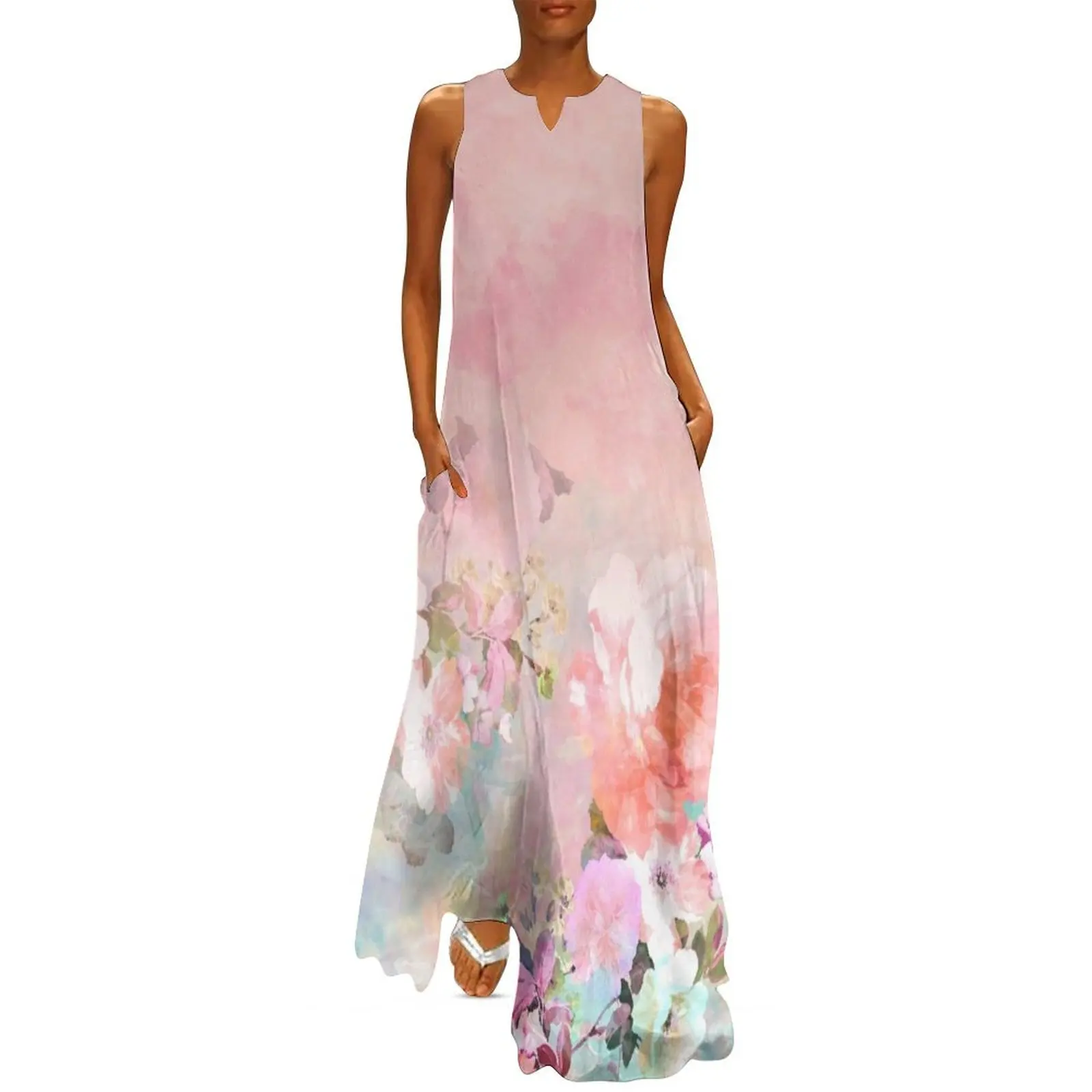 

Pastel blush watercolor ombre floral watercolor Long Dress festival outfit women dresses for women 2025 Dress