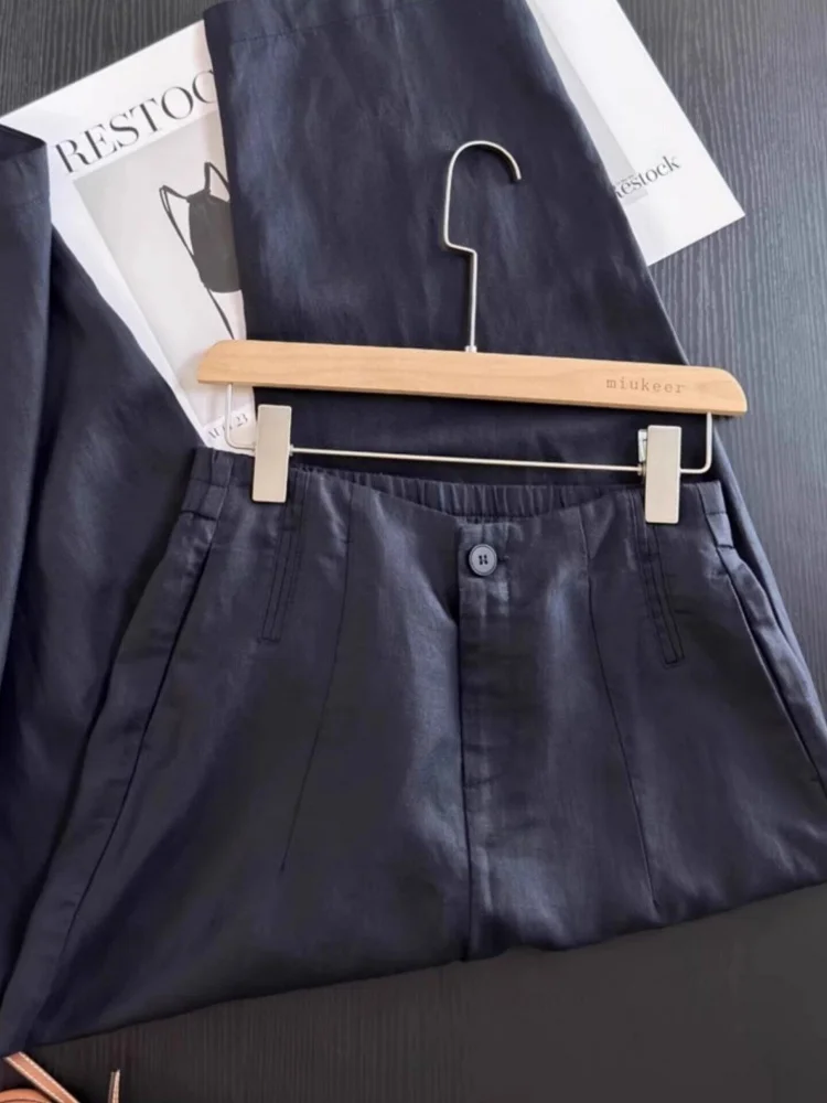 

Кобальтово-синие льняные брюки-палаццо женские, свободные, струящиеся, укороченные (7/8), летние, тонкие, прямые, повседневные, длинные, в стиле кэжуал для офиса