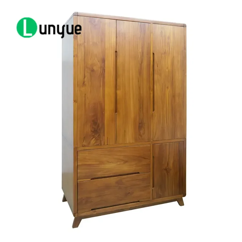 Modern Nordic Teak Wood Wardrobe 4 Doors 2 Drawers Conical Legs Legal Indonesian Timber Storage Cabinet for Bedroom Living