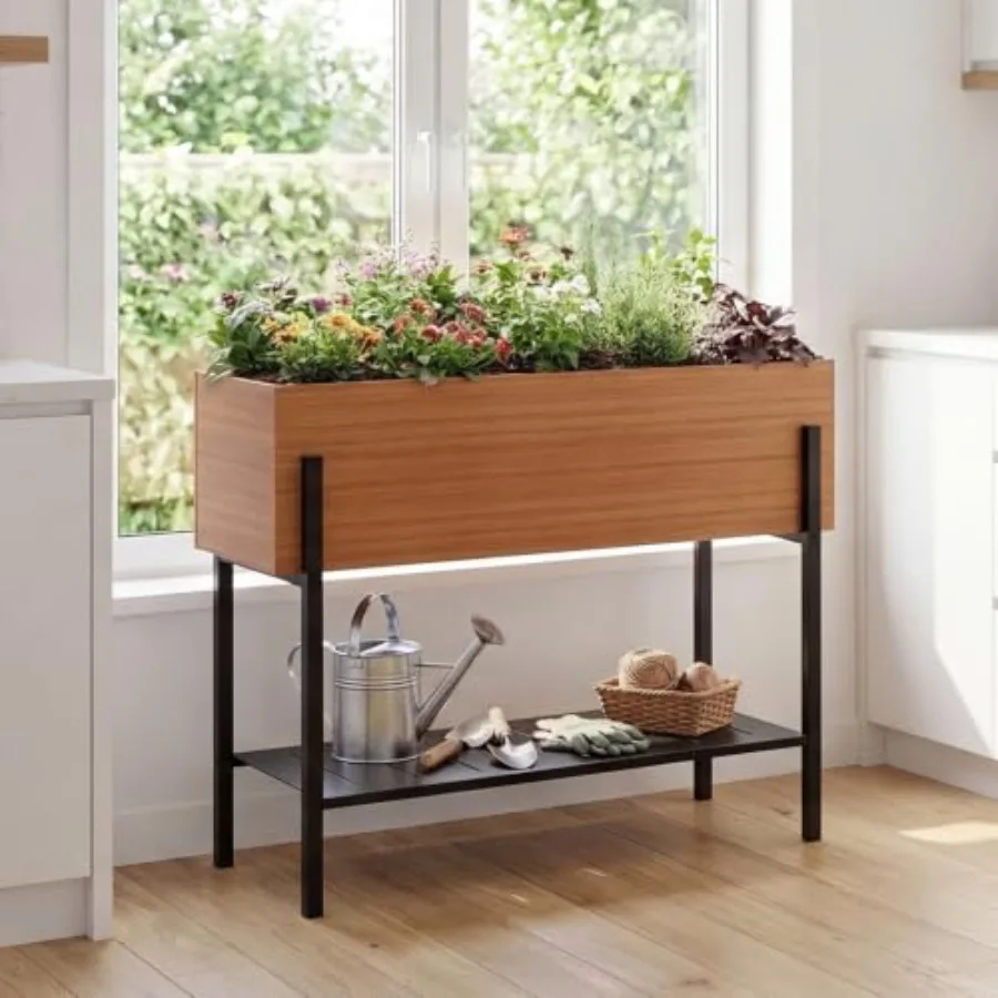 Outdoor Raised Garden Bed with Legs and Storage Shelf, 32