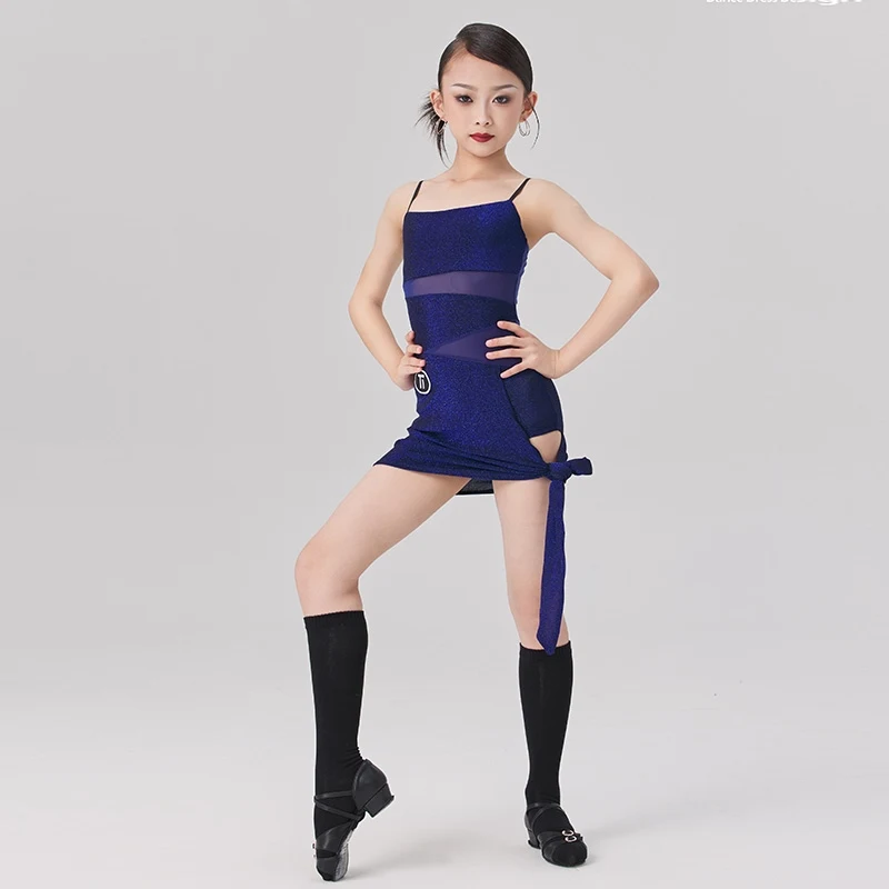 2025 crianças roupas vestido de dança latina para meninas cinta malha oco vestidos de emagrecimento chacha trajes de desempenho latino usar dn21642