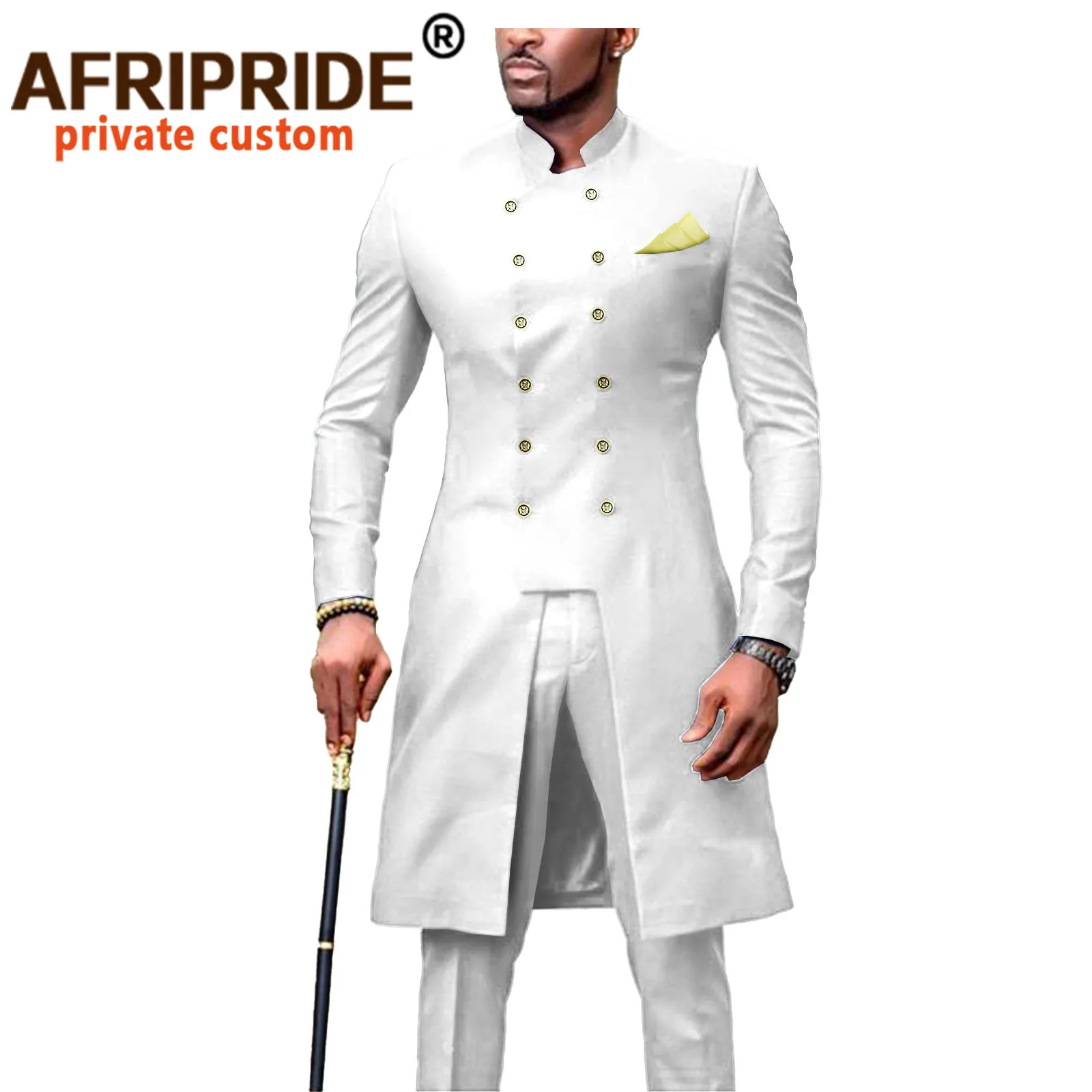 African Suit for Men Dashiki Long Jackets and Pants 2 Piece with Kerchief Double Breasted Slim Fit Formal Outfits Coats A2016054