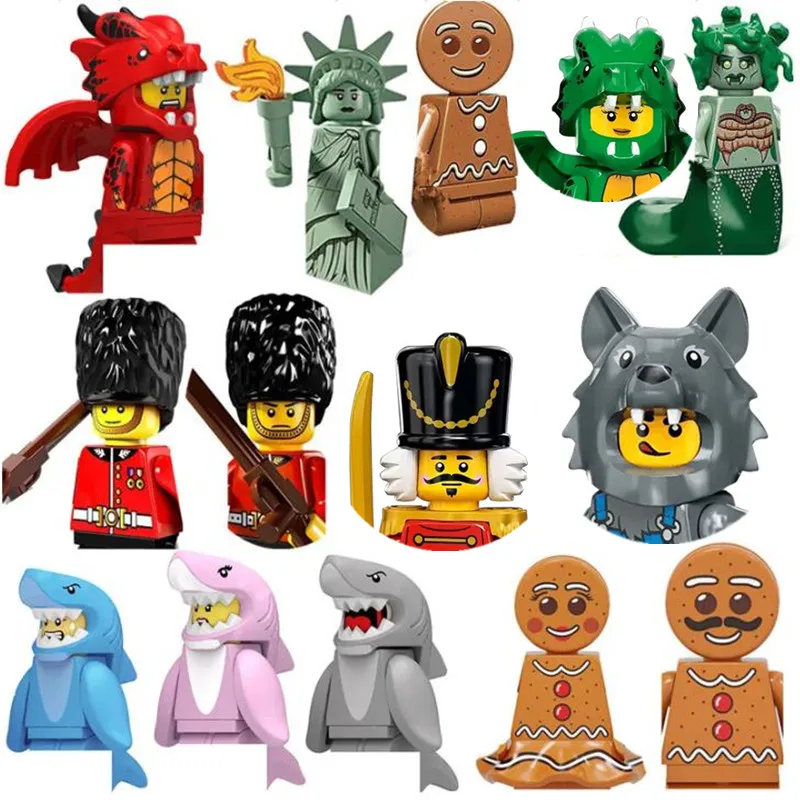 PG 927 figuras divertidas de animales de tiburón unicornio Panda estatua de la libertad graduado Saint Medusa hombre de jengibre juguetes de bloques de construcción