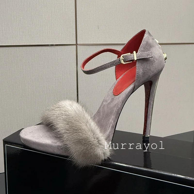 Fur Sandals Women Metal Decor Thin High Heels Shoes Open Toe Ankle Strap Sandalias Mujer Summer Sexy Party Dress Wedding Shoes view 4