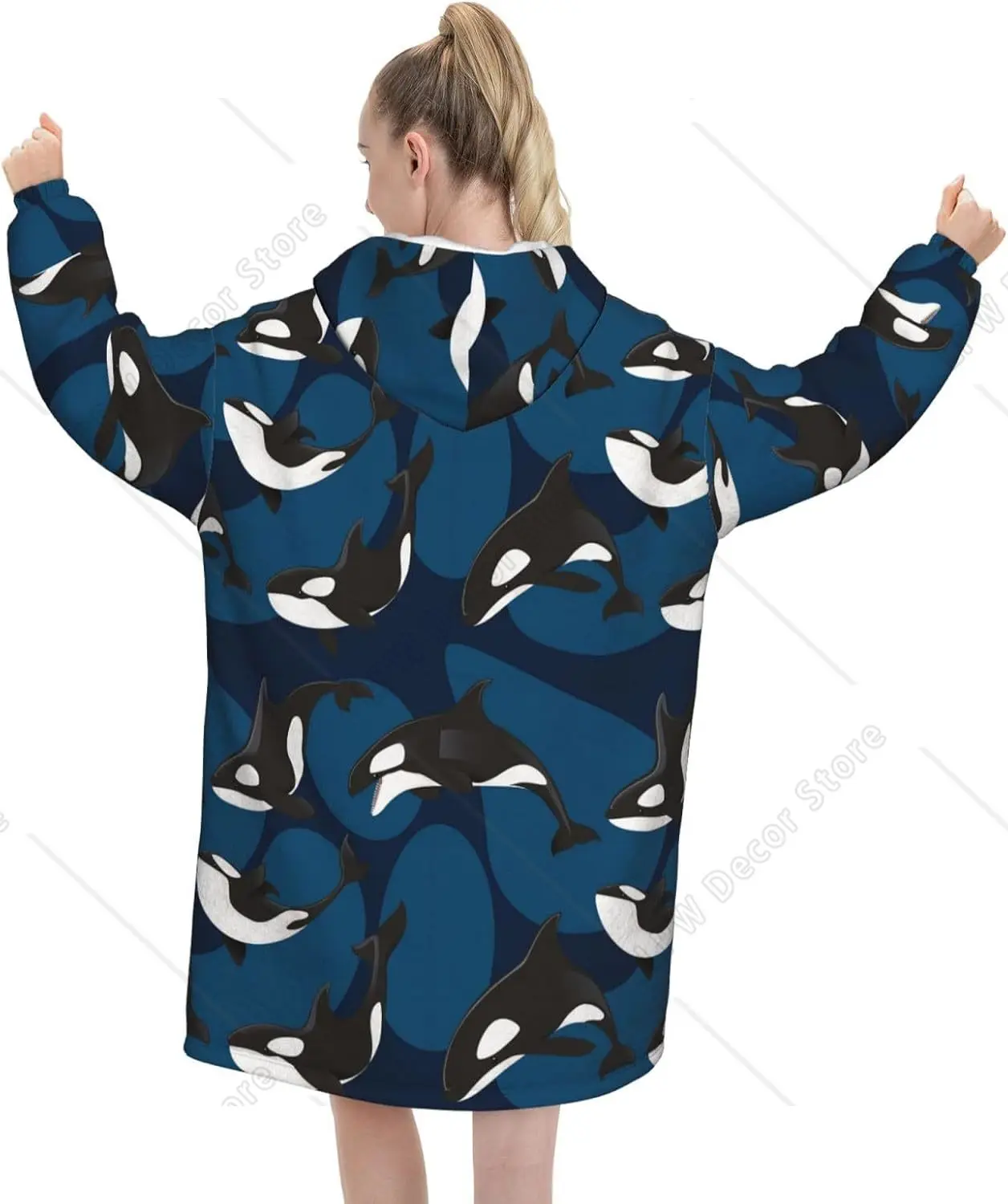 Ocean Orca Killer Whale Adult Flannel Wearable Plush Blanket with Pockets Ultra Soft Plush Warm Hoodie
