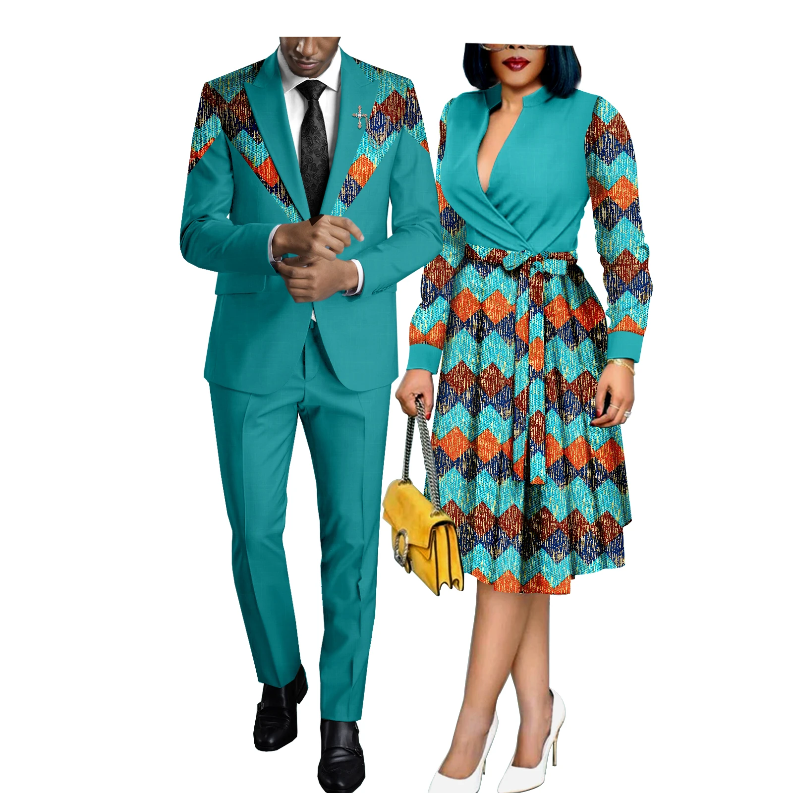 African Couples Women Print Wax Cotton Fashion Patchwork Hot Dress & Men 2 Pieces Shirt and Pants Sets