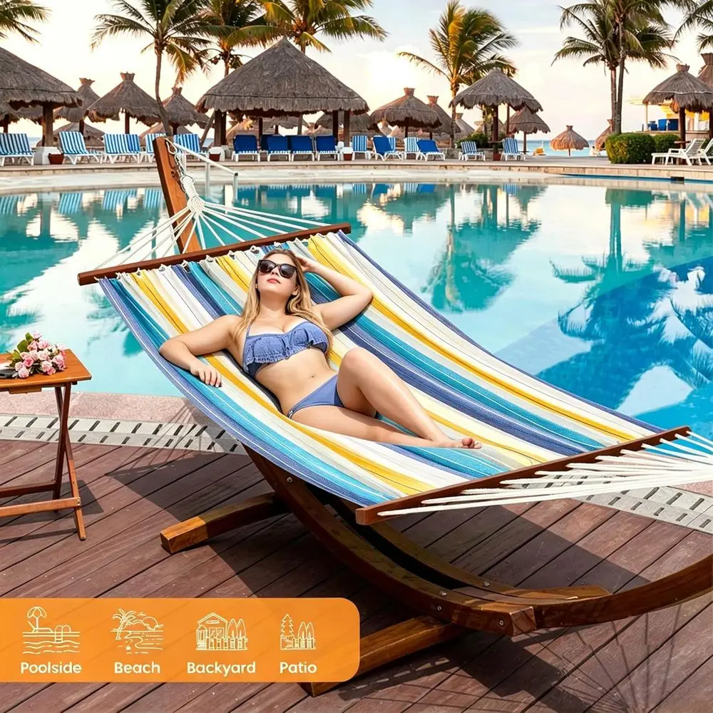 Cotton abric Spreader Bar Hammock and 10.5 t Wood Arc Hammock Stand Combo, or Outdoor, Indoor, Patio, Backyard, Blue and Yellow