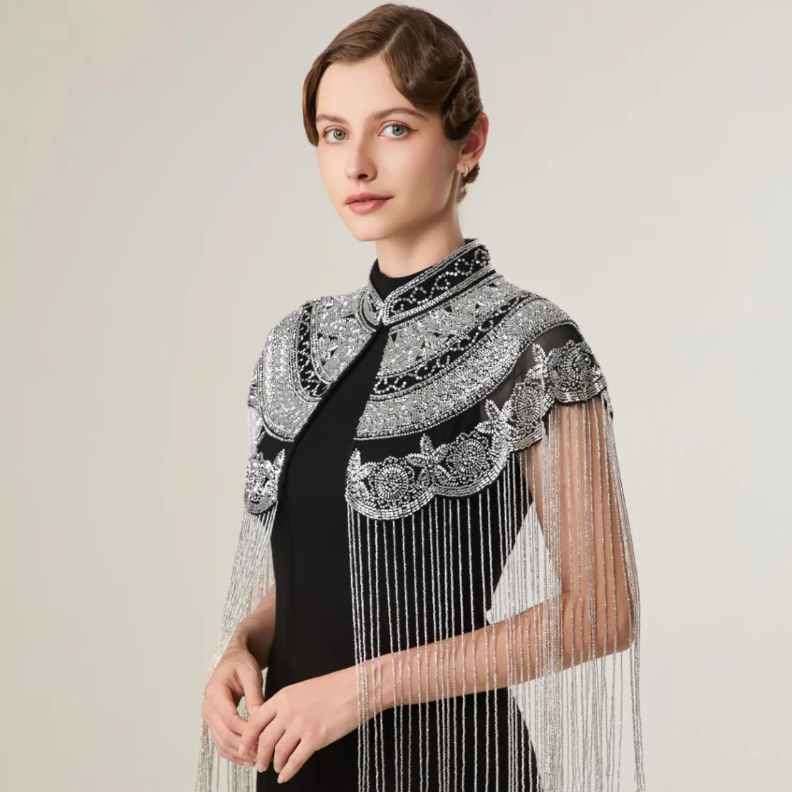 Vintage Flapper Long Fringe Sequins Beaded Tulle Cape Art Deco Shoulder Wrap for Women Wedding Prom Party