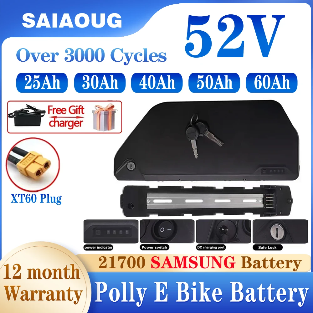 

50Ah Original 21700 52V Polly Shark Down Tube Battery 60Ah 40Ah 30Ah Bafang 1000W 2000W 3000W Freego Prime F2 Pro Freego DK20