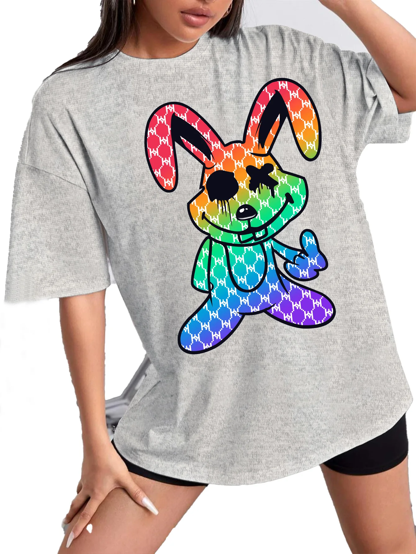 

Fashionable rabbit print ladies short sleeve breathable crew neck top women's casual T-shirt women's outdoor T-shirt clothing