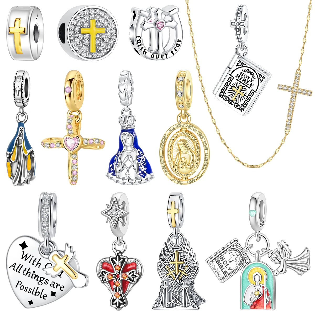 

925 Sterling Silver Christian Charms Pendent Cross Holy Bible Our Lady God Lucky Beads Fit DIY Bracelet Necklace Jewelry Gift