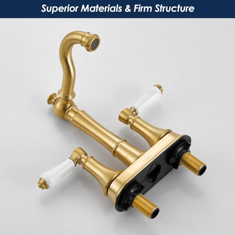 صنبور حمام بمقبضين من البورسلين باللون الذهبي المصقول مقاس 4 بوصات، 3 فتحات نحاس عالي القوس 360 درجة °   صنبور دوار، تصريف بلاستيكي منبثق