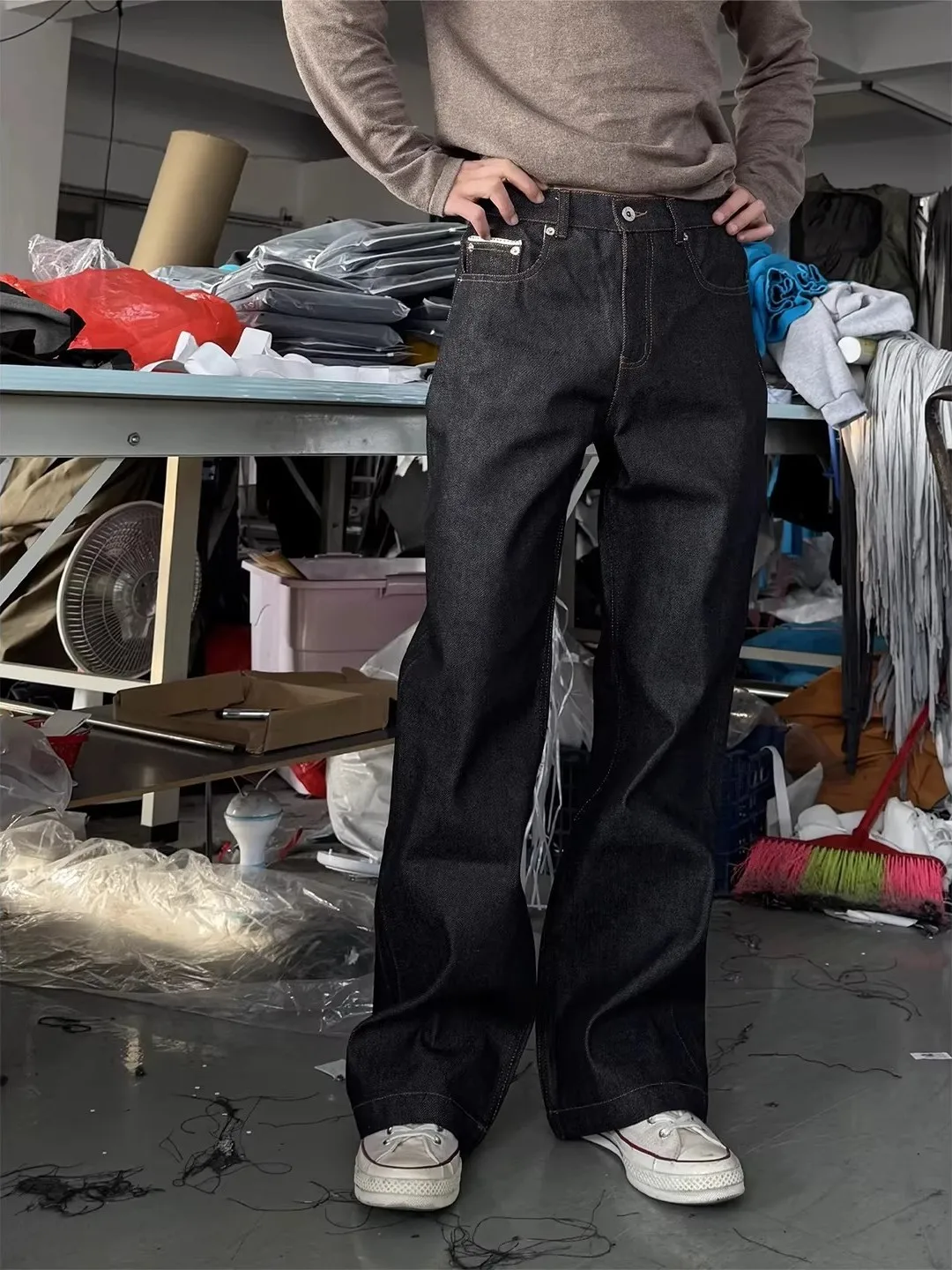 

Retro American Large Size Denim Jeans Men's Black Loose Straight Legged Pants Autumn Winter Fleece Original Cowhide Jeans